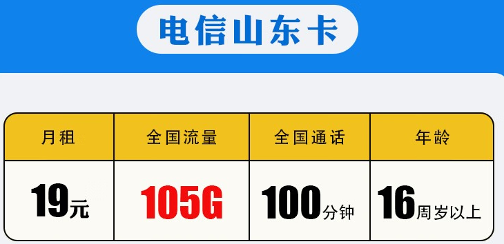 中國(guó)移動(dòng) 【地區(qū)卡】山東電信19元包105G全國(guó)流量+100分鐘通話(huà) 長(zhǎng)期有效套餐卡