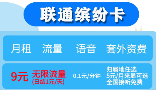 月租不超10元【聯(lián)通繽紛、落櫻卡】月租9元享無限流量（日結1元/天）歸屬地任選