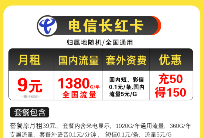 電信超值優(yōu)惠套餐有哪些？電信長紅卡，月租9元包含125G全國流量/月不限速手機上網卡
