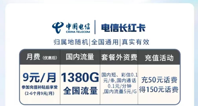一種超優(yōu)惠的電信流量卡套餐推薦 電信長(zhǎng)星卡9元月租115G全國流量真實(shí)有效