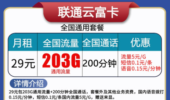 聯(lián)通云富卡29元203G流量+200分語音、天啟卡9元100G流量|純通用流量卡|無合約不虛量