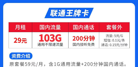 流量最多最便宜的是什么套餐？聯(lián)通王牌卡29元103G|聯(lián)通春風(fēng)卡、秋雨卡|低月租大流量套餐