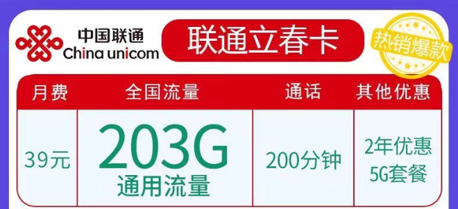 聯(lián)通春雨、立春卡純通用流量卡|29元103G、39元203G任選|5G優(yōu)惠套餐