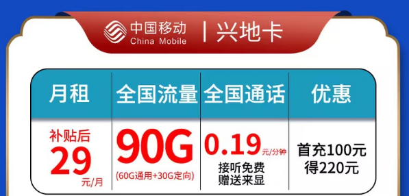 移動興地卡|29元90G全國流量|官方資費套餐，超多優(yōu)惠權(quán)益|全國通用套餐