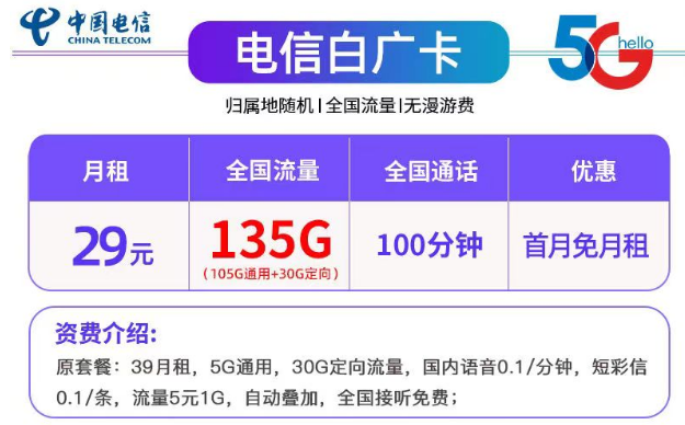 帶有免費(fèi)通話的29元135G電信白廣卡+19元130G長期可用的電信夢(mèng)語卡