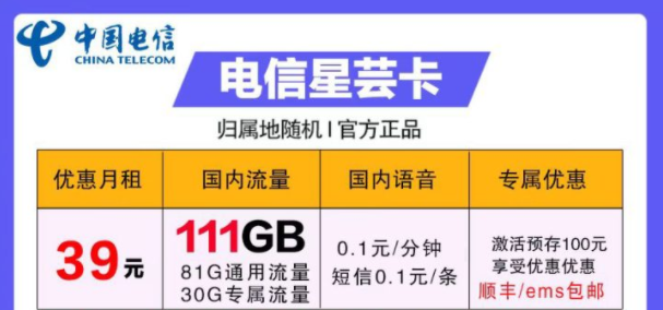 流量卡哪些好用？電信39元卡=電信星蕓卡29元111G流量+首月免費(fèi)+包郵
