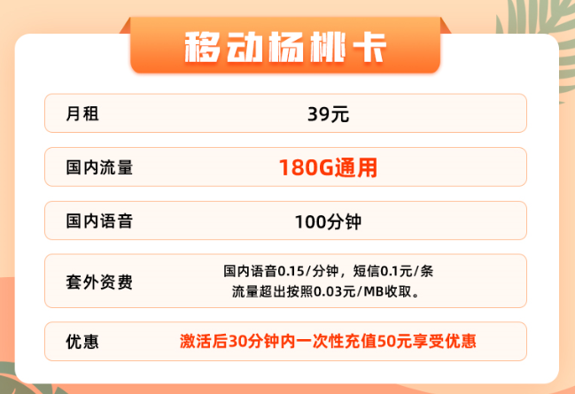 超值福利嗨翻天！超低月租大流量|移動楊桃卡+19元移動本地卡