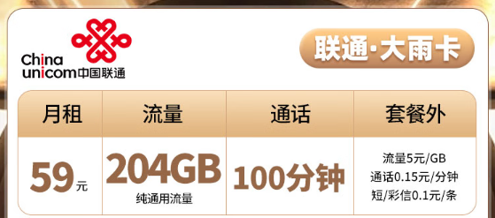 聯(lián)通大雨卡|204G純通用無定向、聯(lián)通云周卡|100G通用免費(fèi)領(lǐng)??！